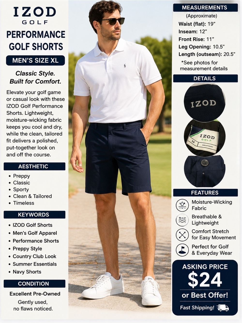Izod Men's Navy Flat-Front Casual Shorts